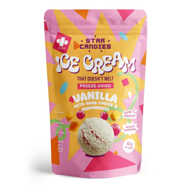 STAR CANDIES Lyofilizovaná vanilková zmrzlina s vyzrálým sýrem a brusinkami, 50g STAR CANDIES Lyofilizovaná vanilková zmrzlina s vyzrálým sýrem a brusinkami, 50g