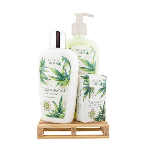 Dárková kosmetická sada „Hemp SPA“ (tekuté mýdlo 300ml + tělové mléko 250ml + mýdlo 100g)