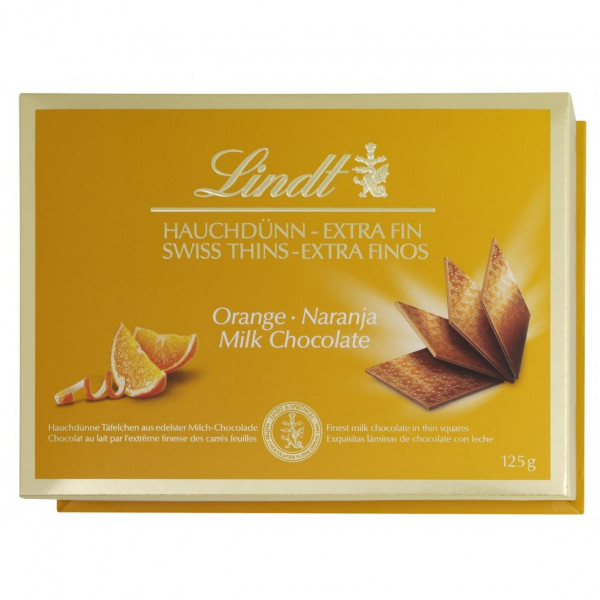 "LINDT THINS" mléčná čokoláda s pomerančovou příchutí, 125 g