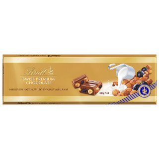 XL "LINDT GOLD" mléčná čokoláda se sultánkami, lískovými oříšky a mandlemi, 300 g