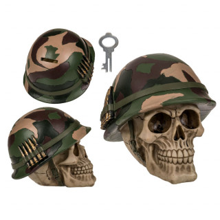 Pokladnička ve tvaru lebky s vojenskou helmou