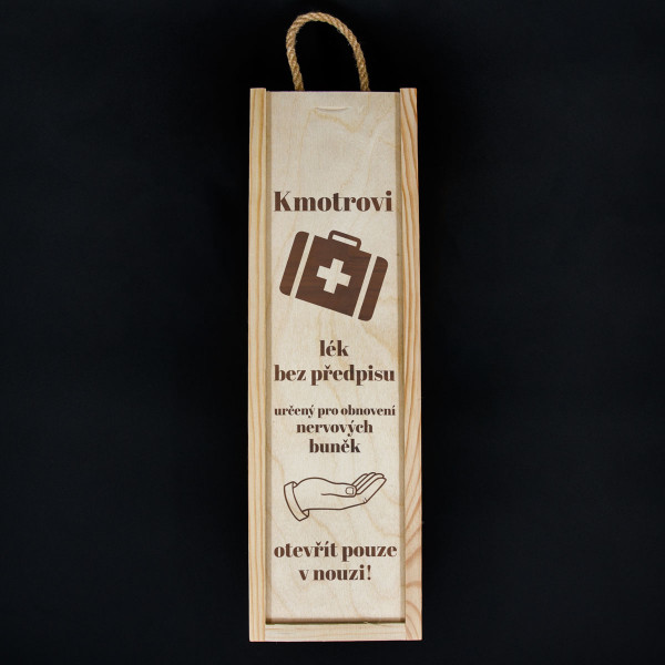 Dřevěná krabička na láhve „Lék bez předpisu pro kmotra“