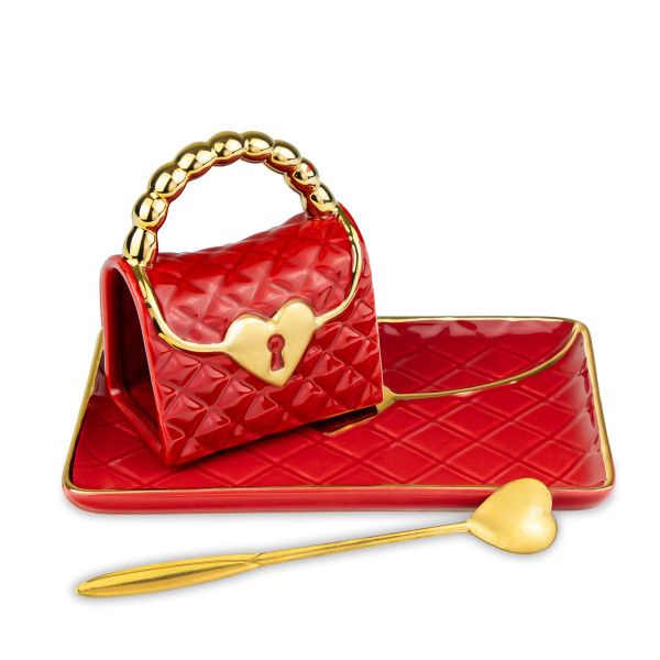Mug "Handbag" with a saucer and a heart-shaped spoon