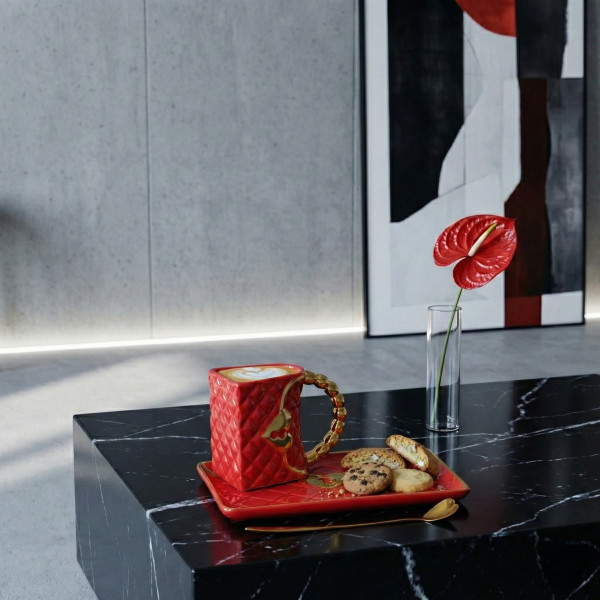 Mug "Handbag" with a saucer and a heart-shaped spoon