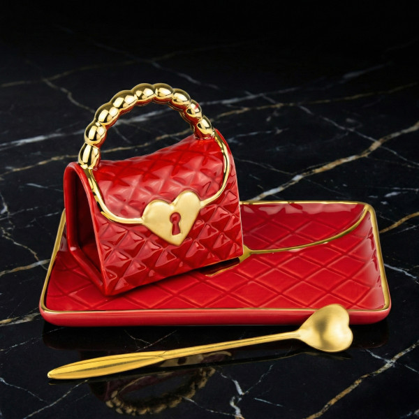 Mug "Handbag" with a saucer and a heart-shaped spoon