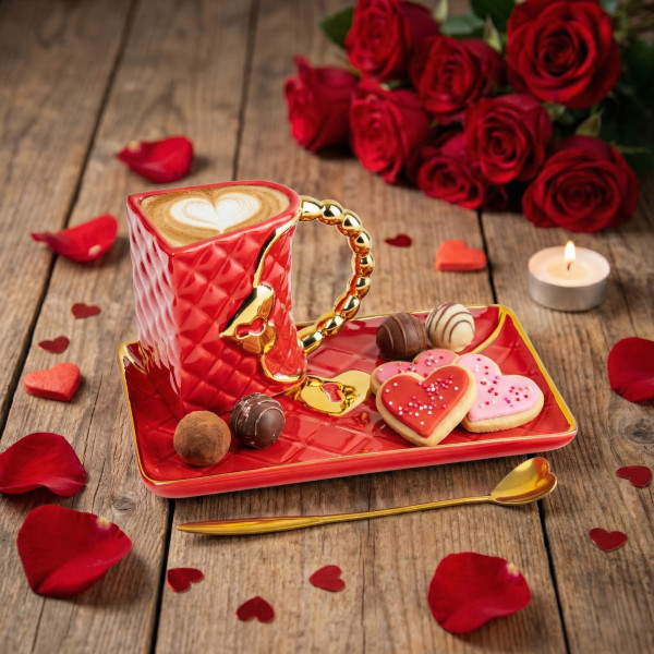 Mug "Handbag" with a saucer and a heart-shaped spoon