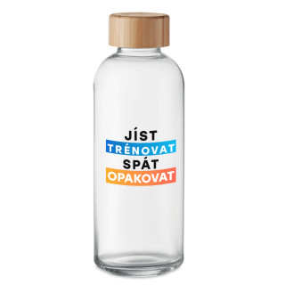 Skleněná láhev na vodu "Jíst, trénovat, spát, opakovat" (650ml)