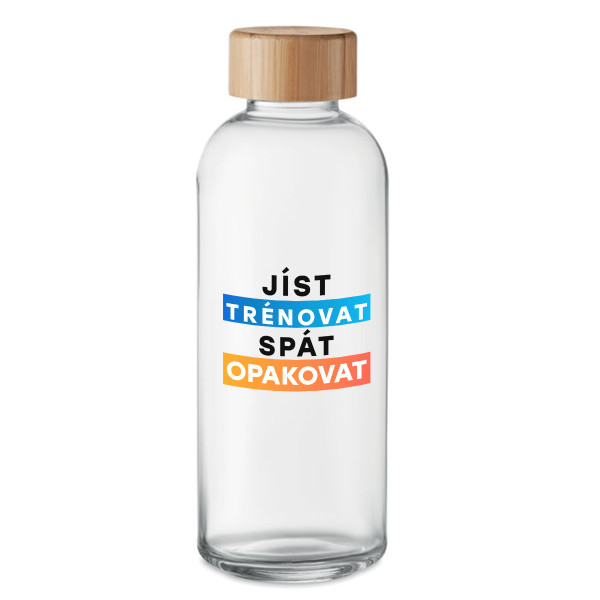 Skleněná láhev na vodu "Jíst, trénovat, spát, opakovat" (650ml)