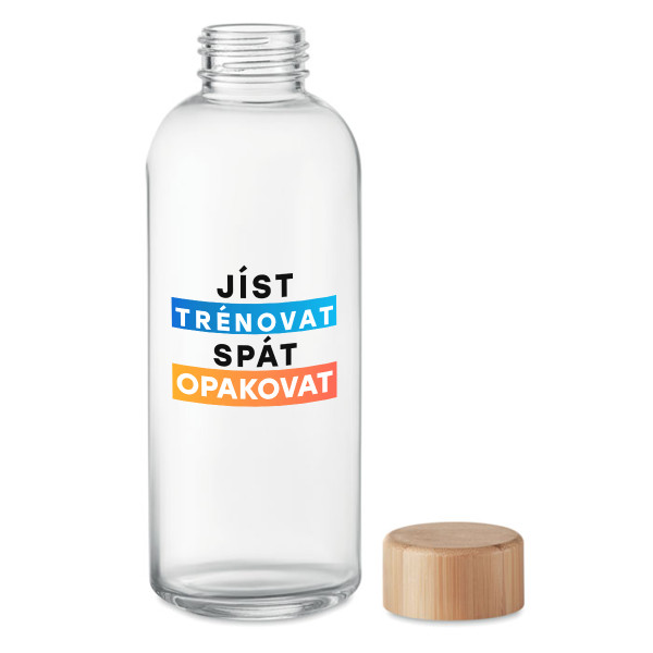 Skleněná láhev na vodu "Jíst, trénovat, spát, opakovat" (650ml)