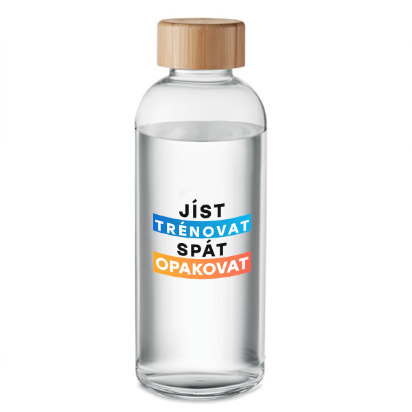 Skleněná láhev na vodu "Jíst, trénovat, spát, opakovat" (650ml)
