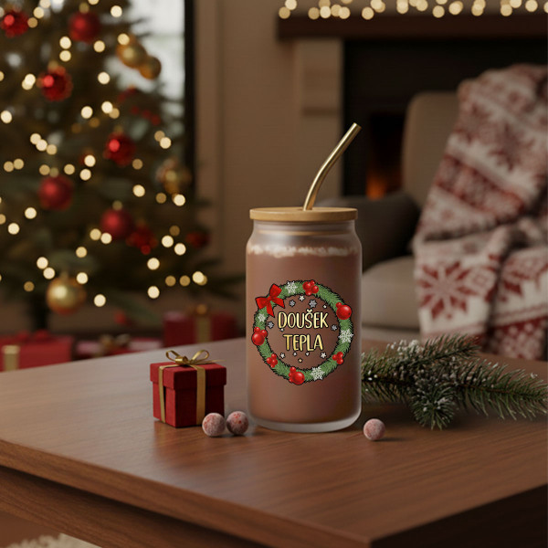 Skleněná sklenice s kovovou slámkou "Doušek tepla", 400ml