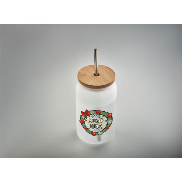 Skleněná sklenice s kovovou slámkou "Doušek tepla", 400ml