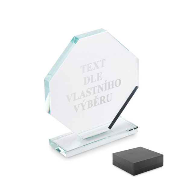 Skleněná trofej v dárkové krabičce "RUMBO" s vybraným textem