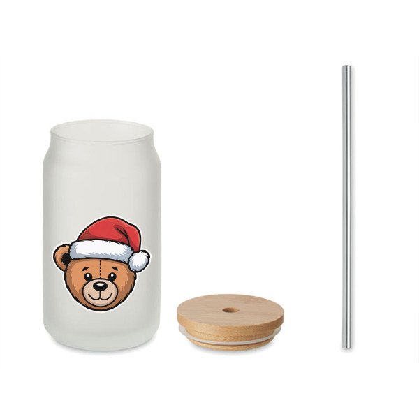 Skleněná sklenice s kovovou slámkou "Teddy bear", 400ml